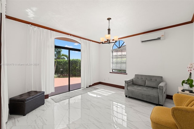 living room with a wall unit AC, a chandelier, plenty of natural light, and crown molding