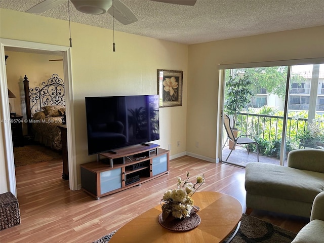 living room featuring hardwood / wood-style flooring, ceiling fan, and a textured ceiling