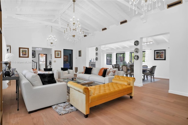 living room with beam ceiling, hardwood / wood-style floors, high vaulted ceiling, and wood ceiling