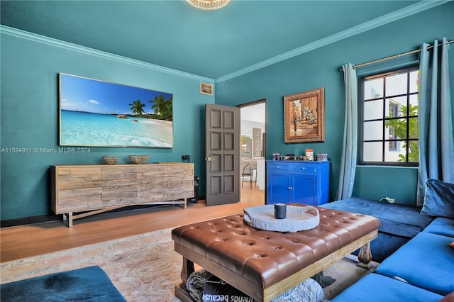 living room with crown molding and light hardwood / wood-style flooring