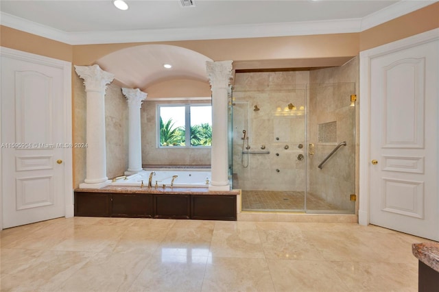 bathroom with ornamental molding, decorative columns, and plus walk in shower