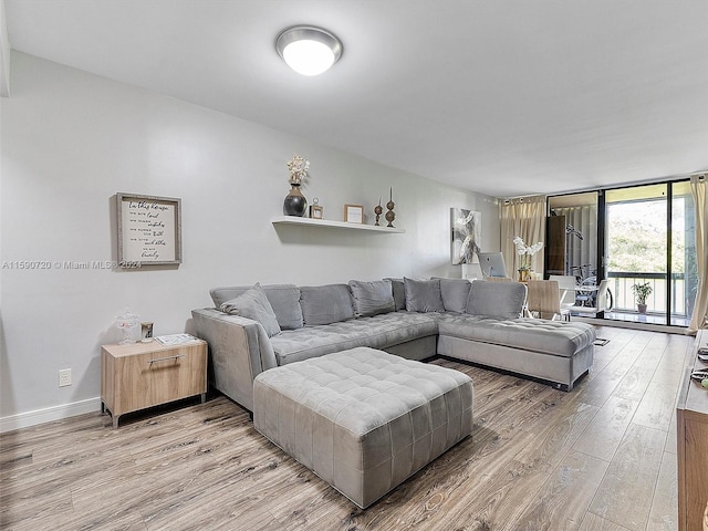 living room featuring hardwood / wood-style flooring and a wall of windows