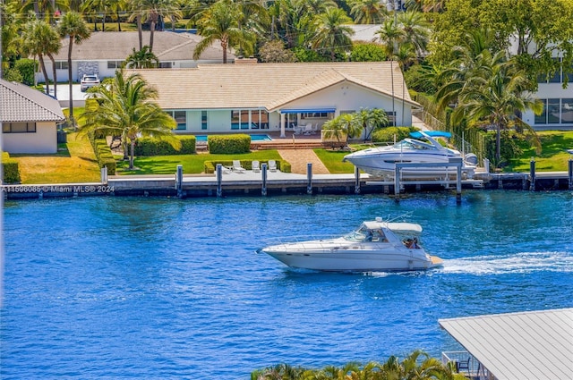 view of pool featuring a boat dock and a water view