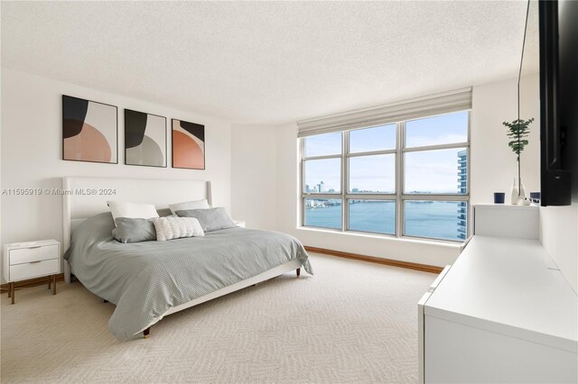 bedroom with a textured ceiling, carpet flooring, and a water view