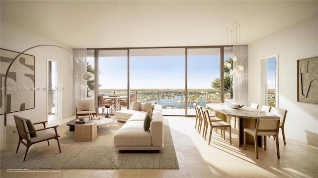 living room with a healthy amount of sunlight, tile floors, and a wall of windows