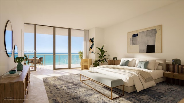 tiled bedroom with floor to ceiling windows, a water view, and access to exterior