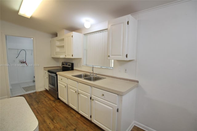 kitchen featuring white cabinetry, lofted ceiling, sink, dark hardwood / wood-style flooring, and electric range