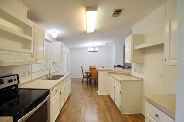 kitchen featuring sink, white cabinetry, hanging light fixtures, dark hardwood / wood-style flooring, and electric stove