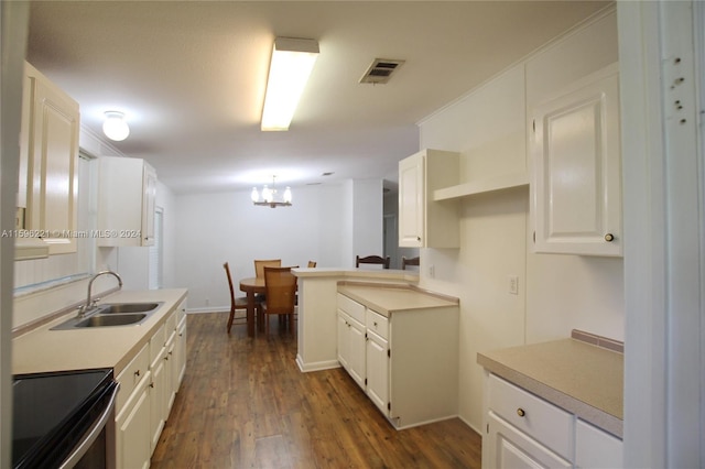 kitchen featuring sink, white cabinetry, hanging light fixtures, range with electric stovetop, and dark hardwood / wood-style flooring