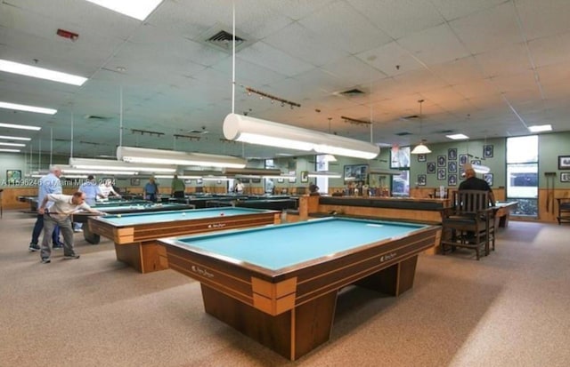 game room featuring light carpet and billiards