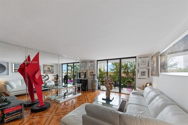 living room with parquet floors and expansive windows