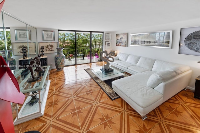 living room with a wall of windows