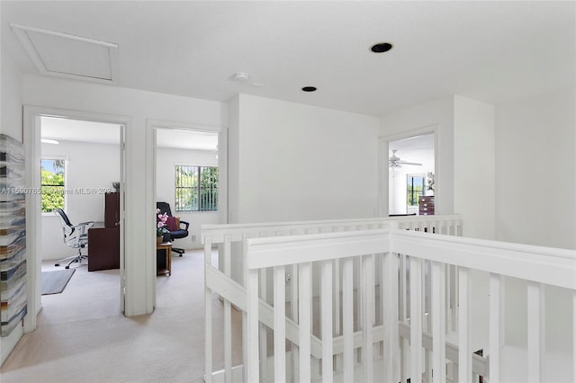 hallway with plenty of natural light and light carpet