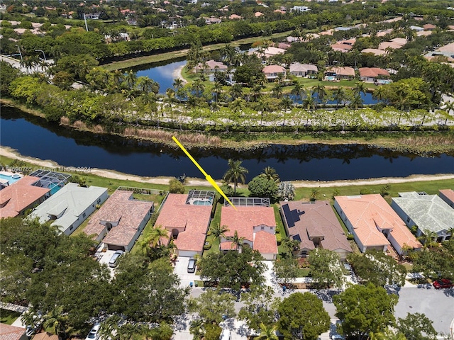 drone / aerial view with a water view