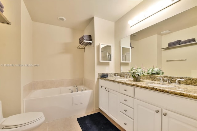 bathroom featuring double sink vanity, toilet, a bath, and tile floors