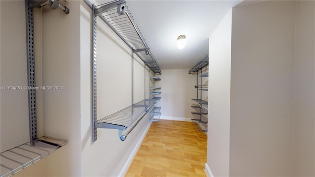 walk in closet with light hardwood / wood-style flooring