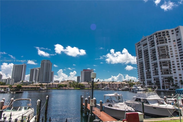 view of dock with a water view