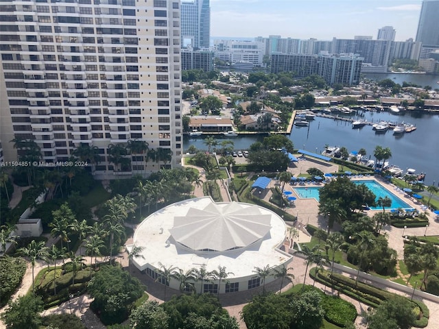 drone / aerial view with a water view