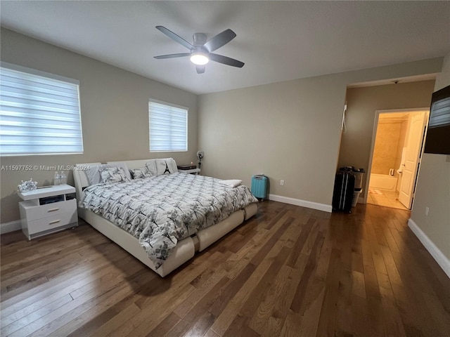 bedroom featuring ceiling fan and dark wood-type flooring