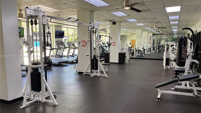 gym featuring a drop ceiling and ceiling fan