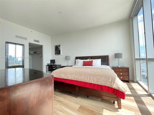 bedroom with a walk in closet, a closet, and light hardwood / wood-style flooring