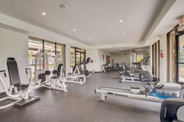 exercise room with a raised ceiling