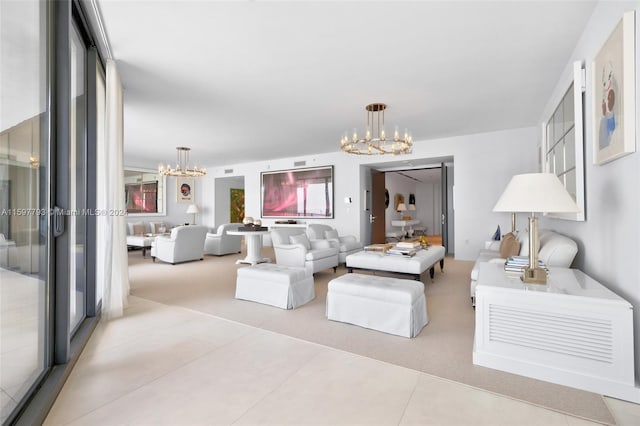 tiled living room featuring an inviting chandelier