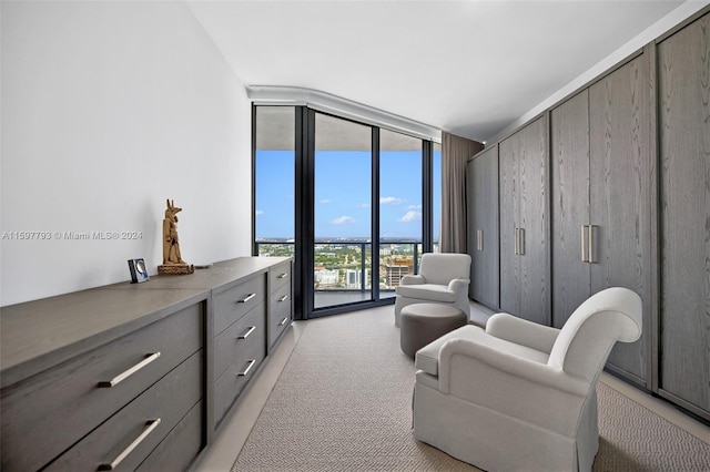 living area featuring light carpet and a wall of windows