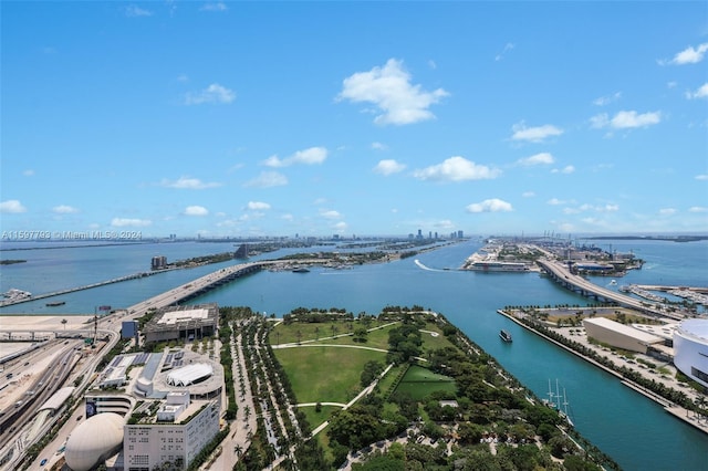 aerial view featuring a water view