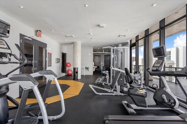 workout area with french doors and expansive windows