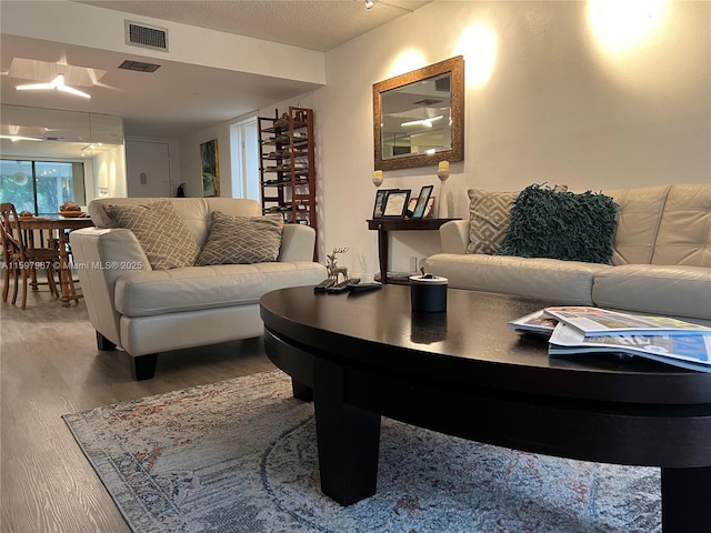 living room with hardwood / wood-style flooring and a textured ceiling