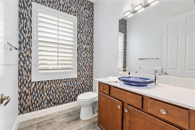 bathroom featuring vanity, hardwood / wood-style flooring, and toilet