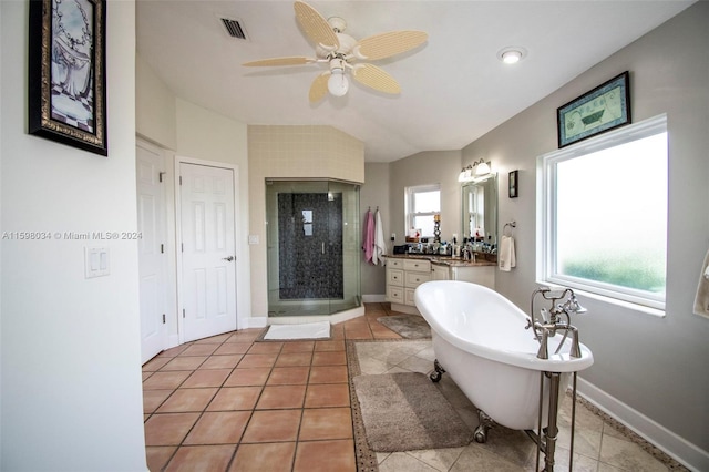 bathroom featuring ceiling fan, tile patterned flooring, vanity, and independent shower and bath