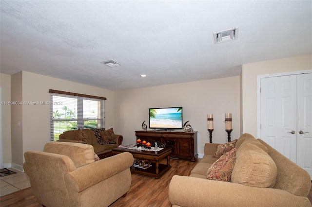 living room with a textured ceiling and hardwood / wood-style flooring