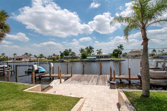 dock area with a yard and a water view