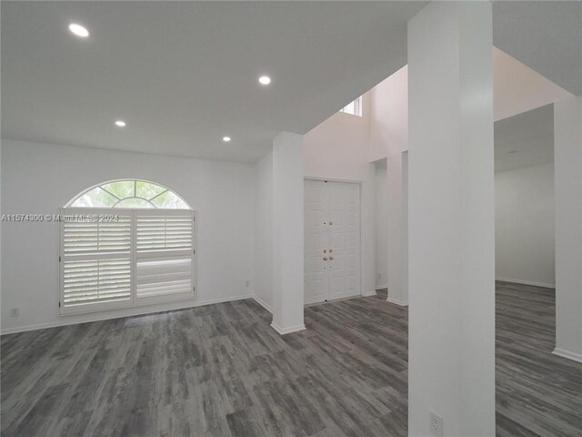 spare room featuring dark wood-type flooring and a high ceiling