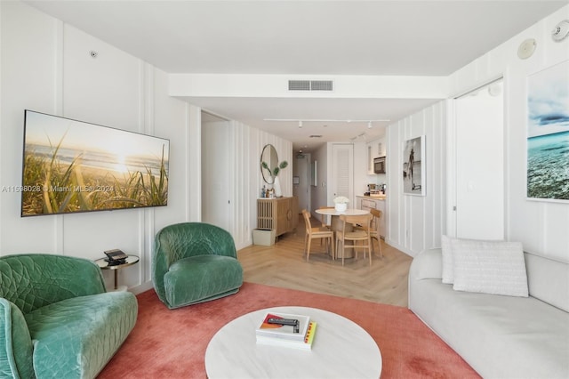 living room with parquet floors