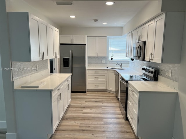 kitchen featuring appliances with stainless steel finishes, light hardwood / wood-style flooring, white cabinetry, and backsplash