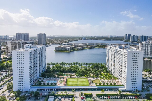 drone / aerial view with a water view