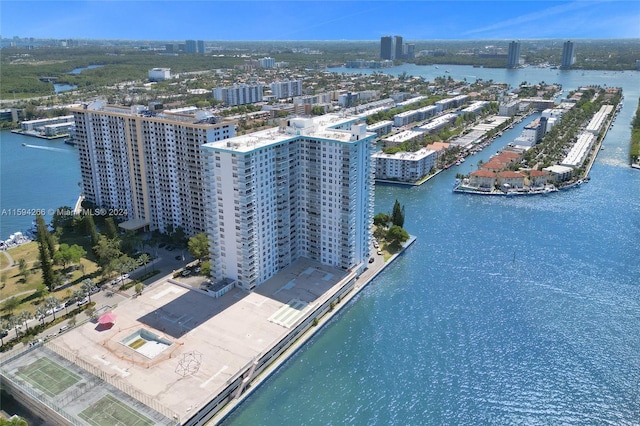 aerial view featuring a water view