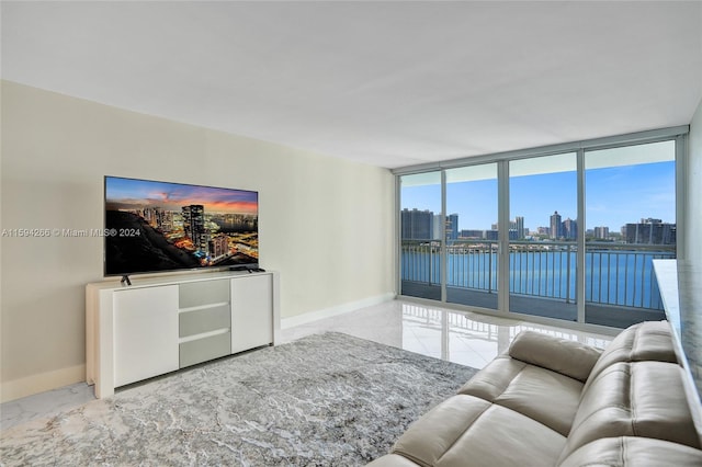 living room featuring a wall of windows