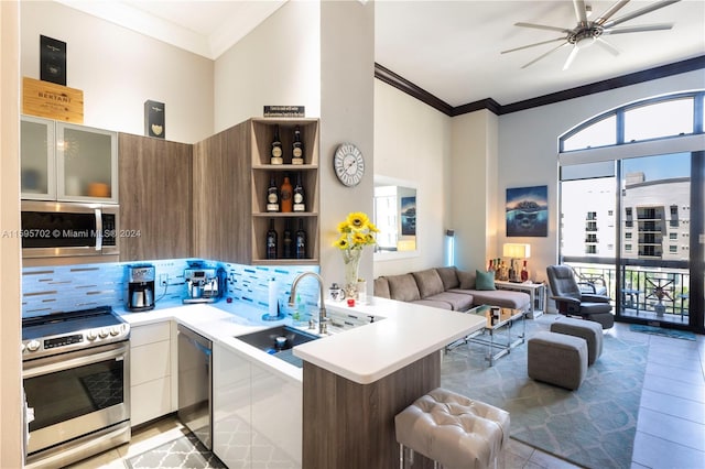 kitchen featuring ceiling fan, tasteful backsplash, a high ceiling, ornamental molding, and appliances with stainless steel finishes