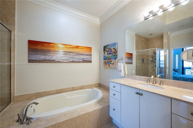 bathroom with ornamental molding, oversized vanity, and plus walk in shower