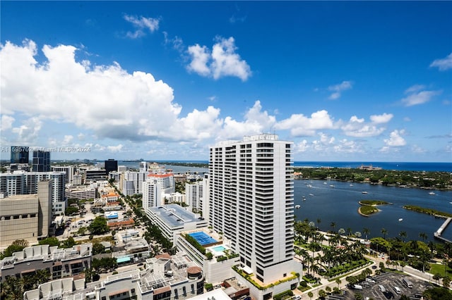 bird's eye view with a water view