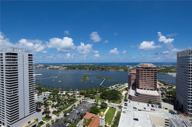 bird's eye view with a water view