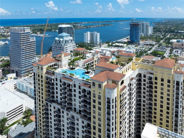 drone / aerial view featuring a water view