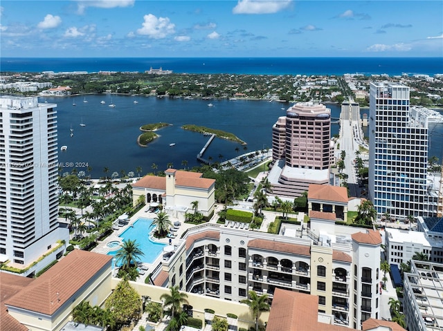 drone / aerial view featuring a water view