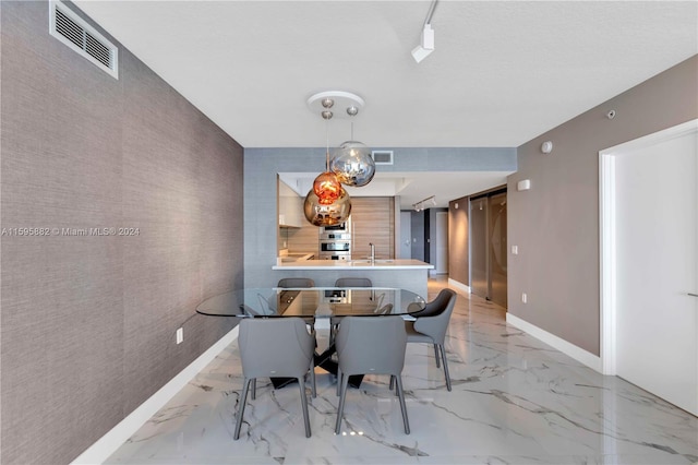 tiled dining area with sink and rail lighting