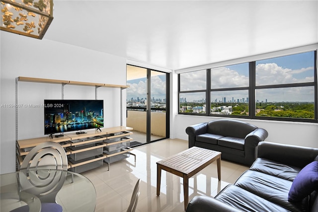 living room featuring light tile patterned flooring