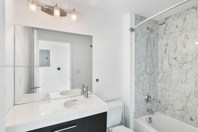 full bathroom with toilet, a sink, shower / bathing tub combination, electric panel, and double vanity